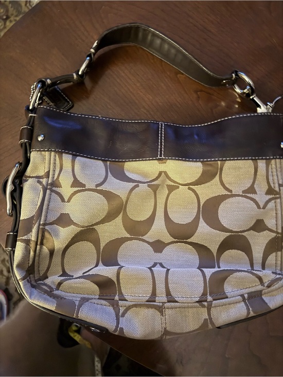 Coach Handbags - Coach Khaki and Brown Signature Canvas Shoulder Bag